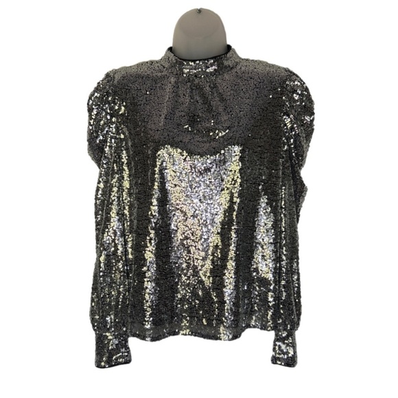 Flying Tomato Tops - A. Calin by Flying Tomato Silver Sequin High Neck Puff Sleeve Top